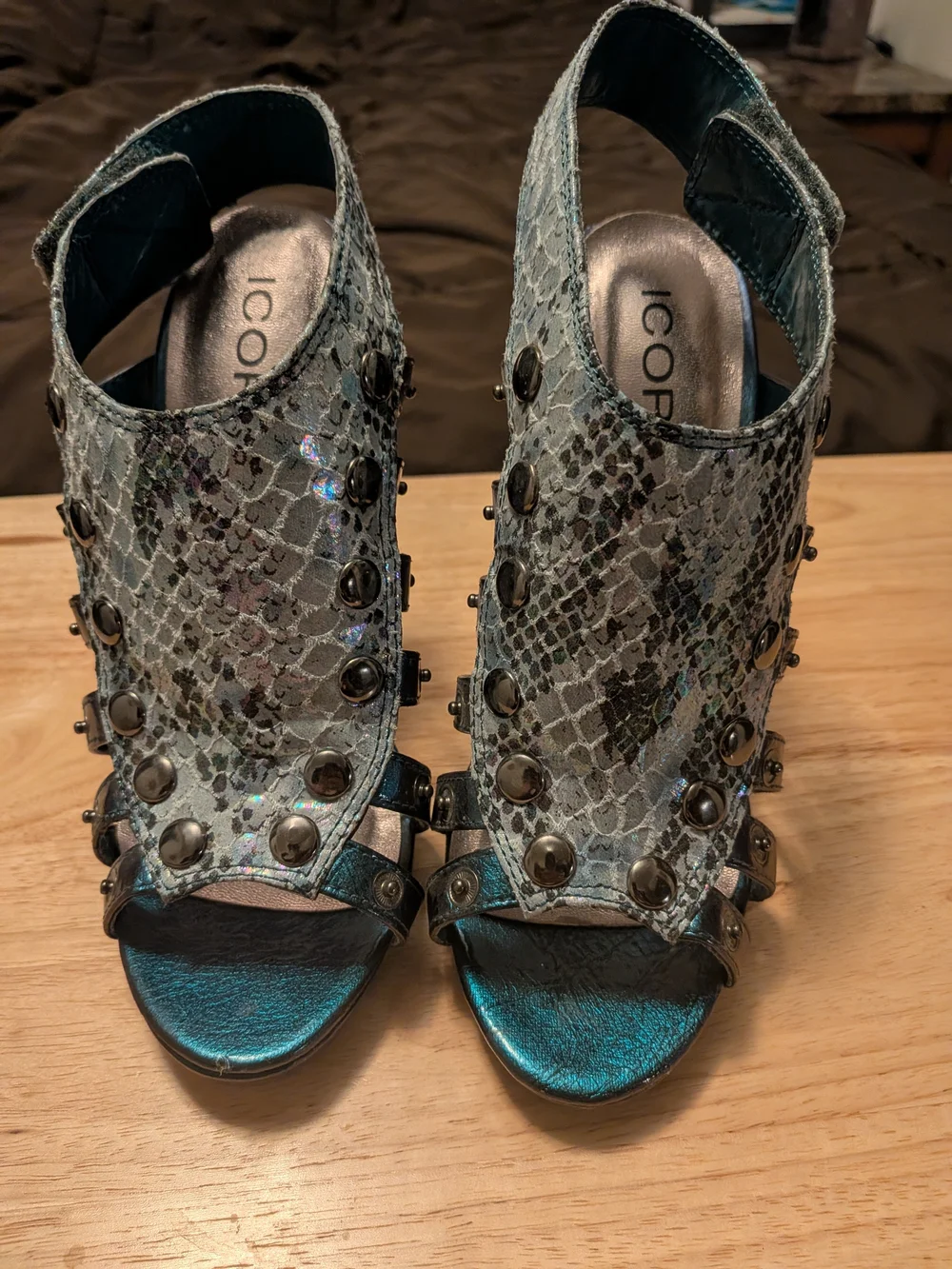 ICORA Snake-Print Studded Strappy High Heels